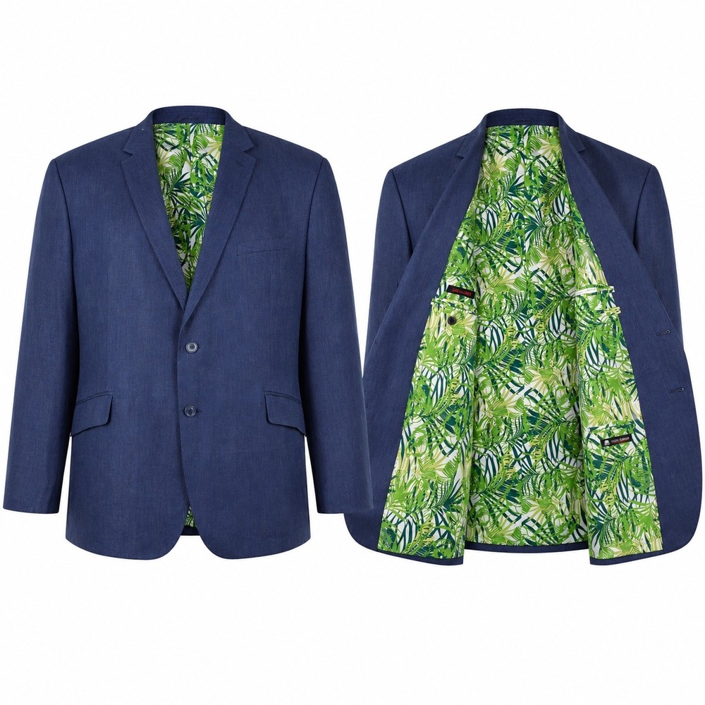 Linea Uomo Blue Sport Coat Blazer Cotton 54R Palm Leaf Lined Resort Coastal